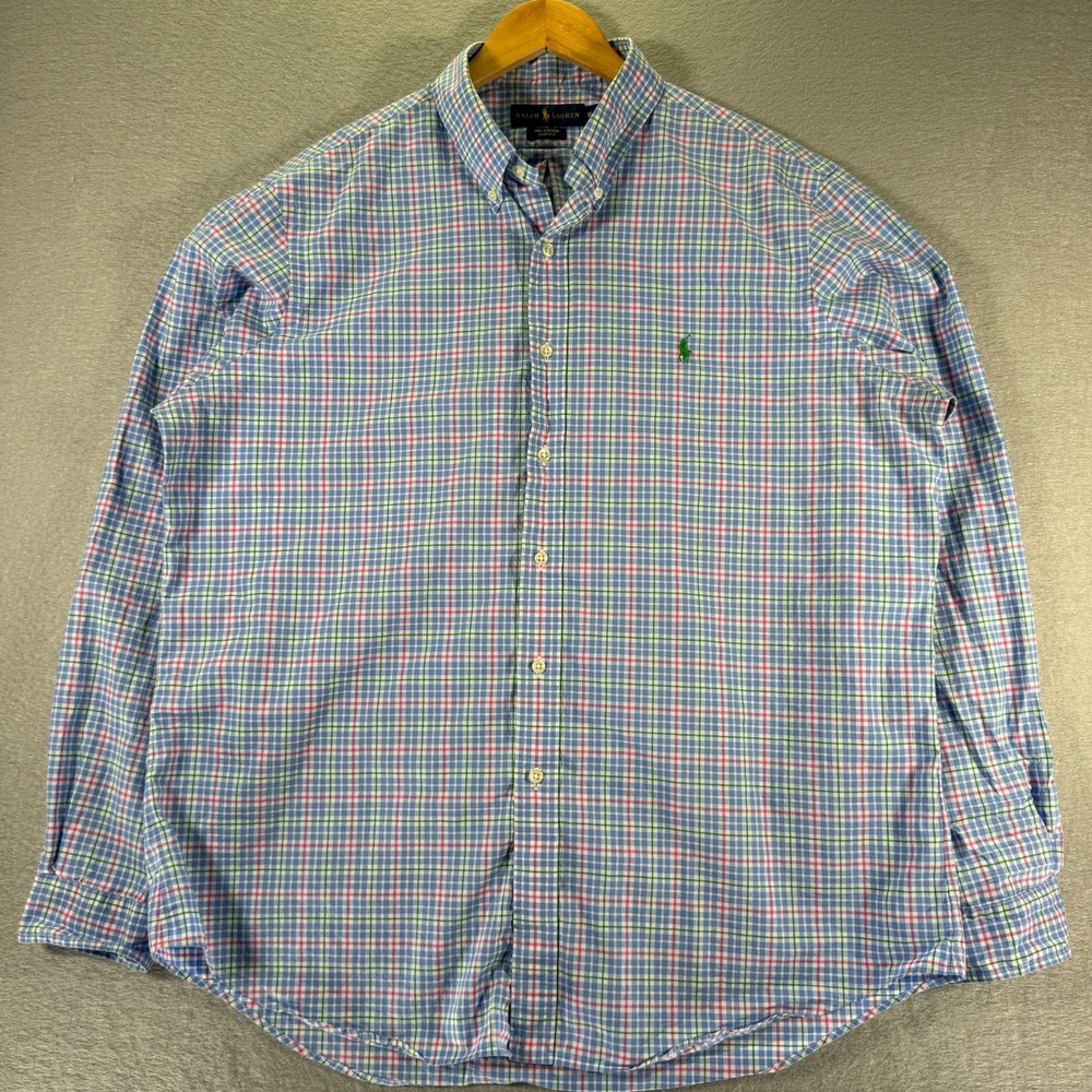 Ralph Lauren Button Up Shirt Mens XL Blue Plaid Stretch Small Pony Classic